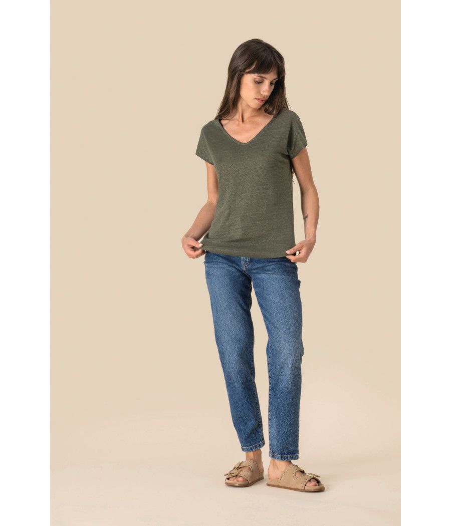 T-shirt col V en lin femme