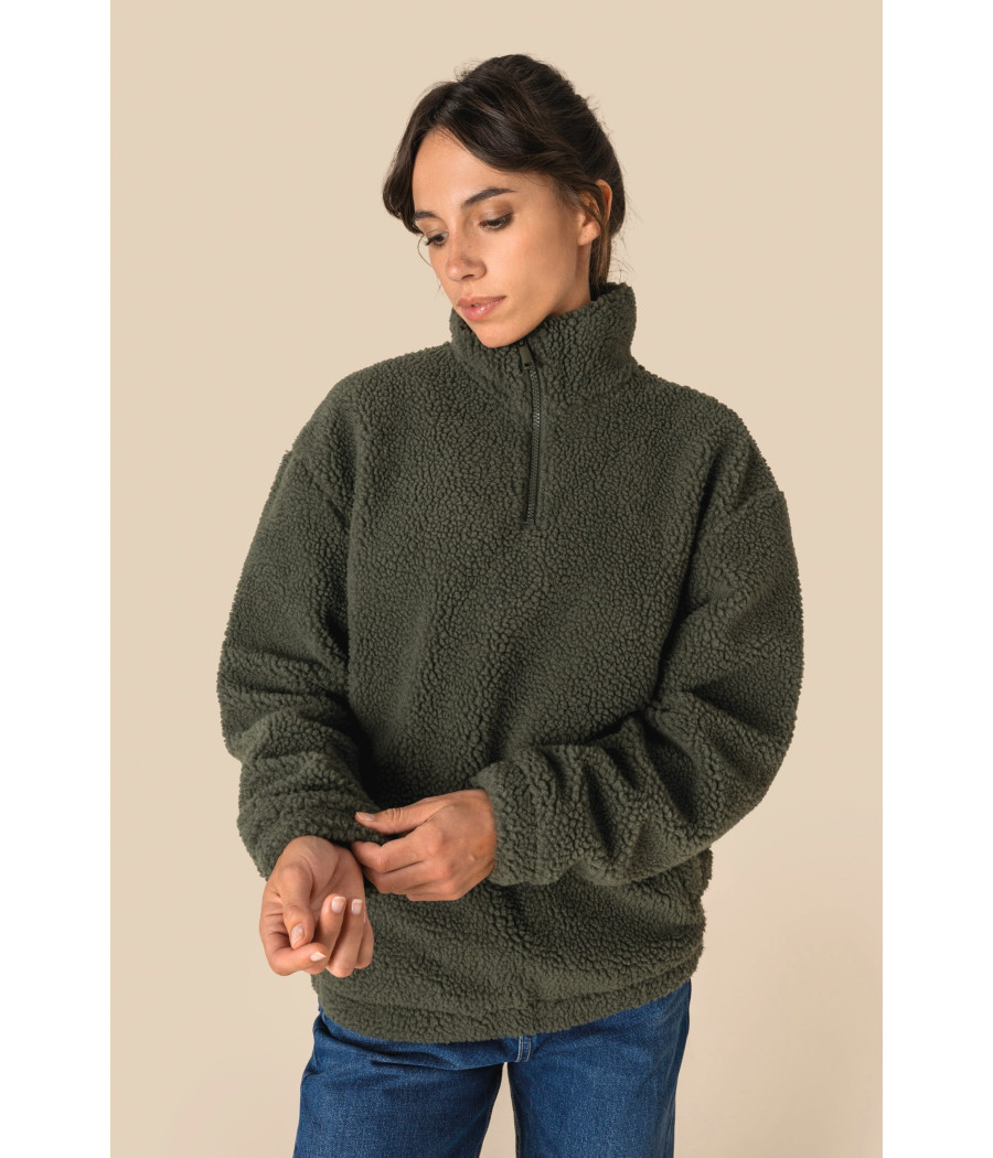 Sweat-shirt 1/4 zip à épaules tombantes en sherpa unisexe