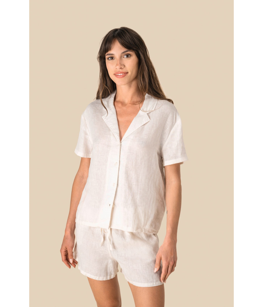 Chemise à col bowling manches courtes en lin femme