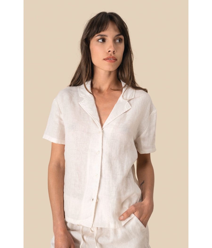 Chemise à col bowling manches courtes en lin femme