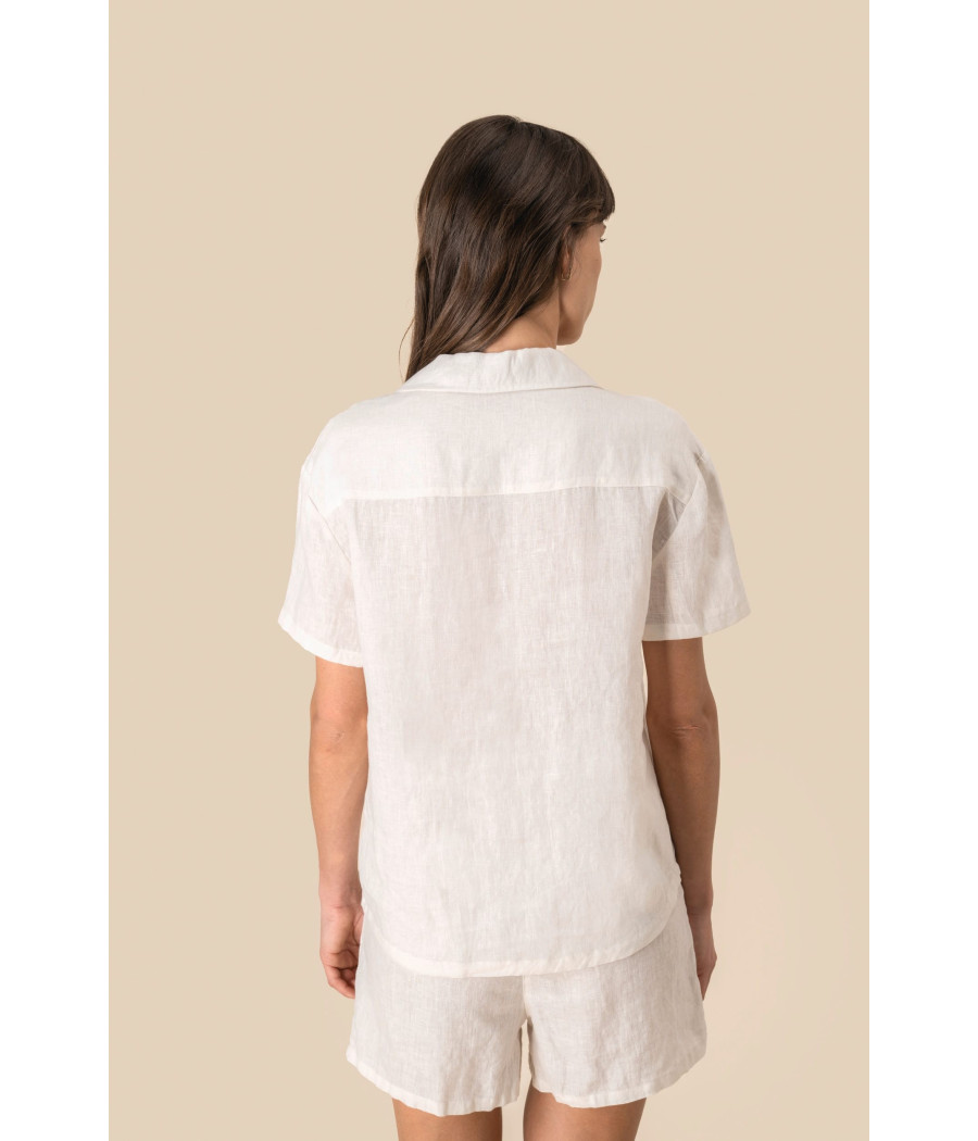 Chemise à col bowling manches courtes en lin femme