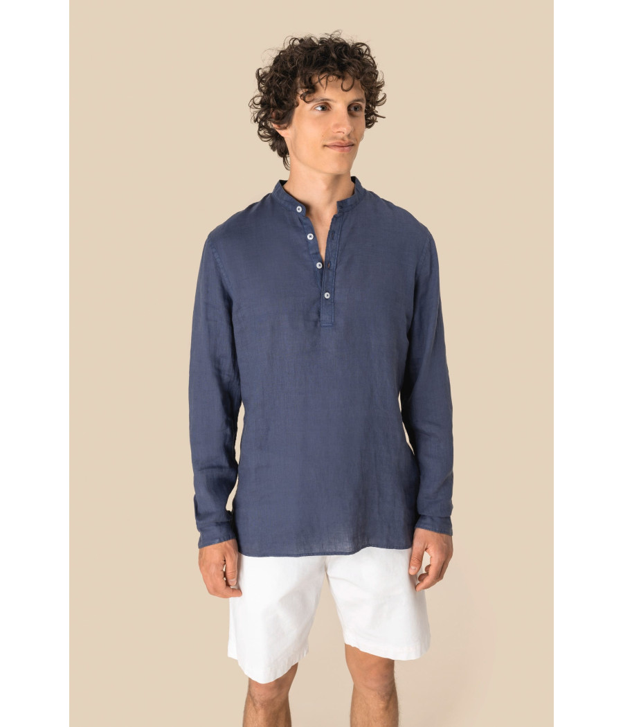 Chemise à col Mao délavée  en lin homme
