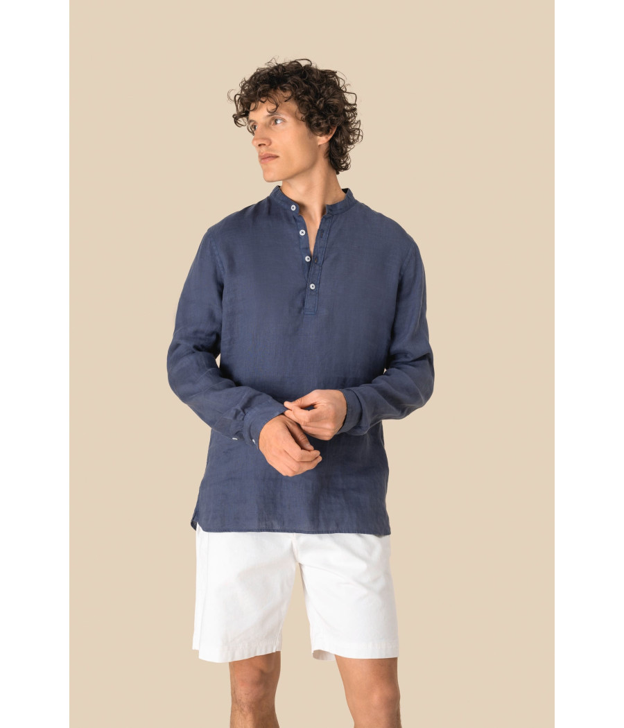 Chemise à col Mao délavée  en lin homme