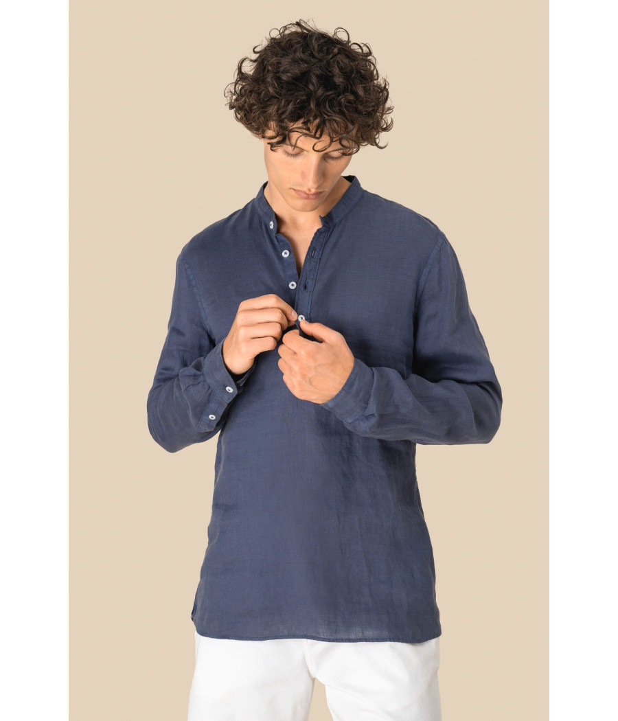 Chemise à col Mao délavée  en lin homme