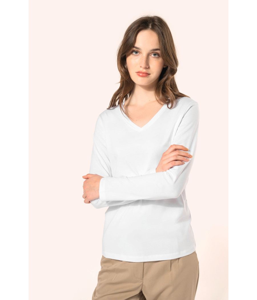 T-shirt Supima® col V manches longues femme